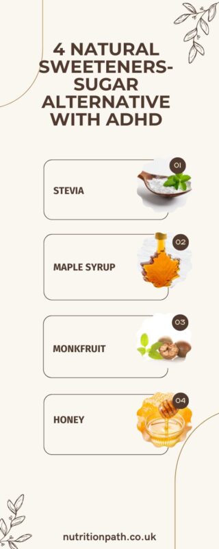 Infographic four natural sweeteners- sugar alternatives with ADHD