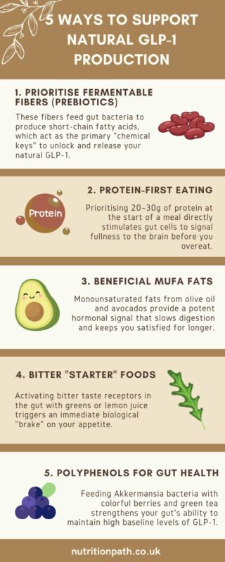Infographic listing five ways to support natural GLP-1 production, including dietary fibre, protein, MUFA fats, bitter foods, and polyphenols—with related illustrations and tips on how to exercise for optimal results.