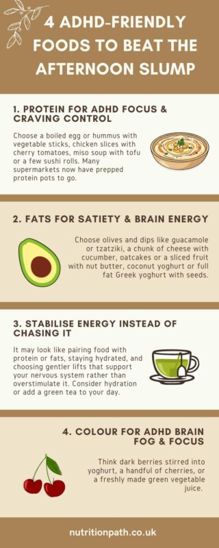 Infographics on 10 principles of Intuitive Eating Infographic listing four ADHD-friendly foods to beat the afternoon slump: protein, healthy fats, stabilising snacks, and colourful fruits like cherries or berries.